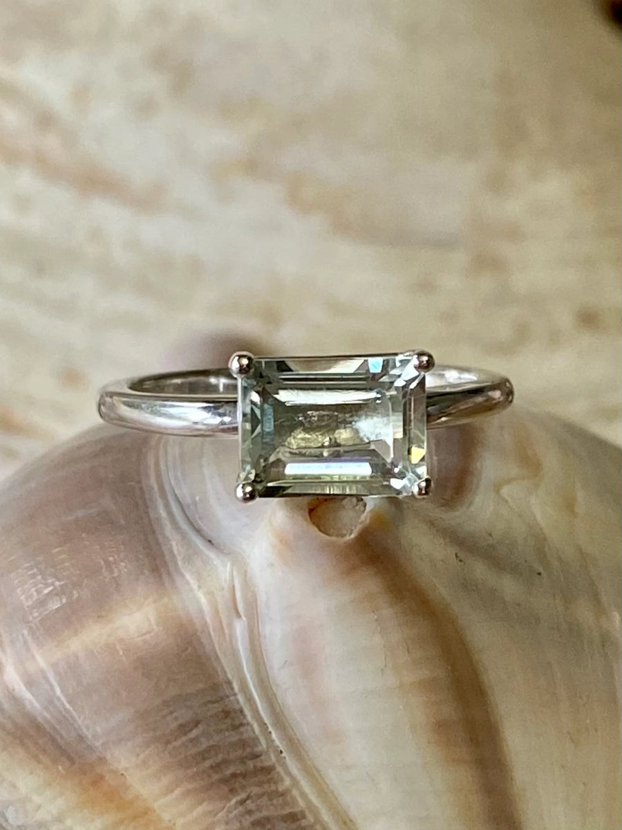 East West Emerald Cut Green Amethyst Prasiolite Solitaire Ring 2.00ct