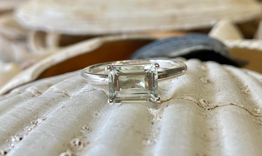 East West Emerald Cut Green Amethyst Prasiolite Solitaire Ring 2.00ct