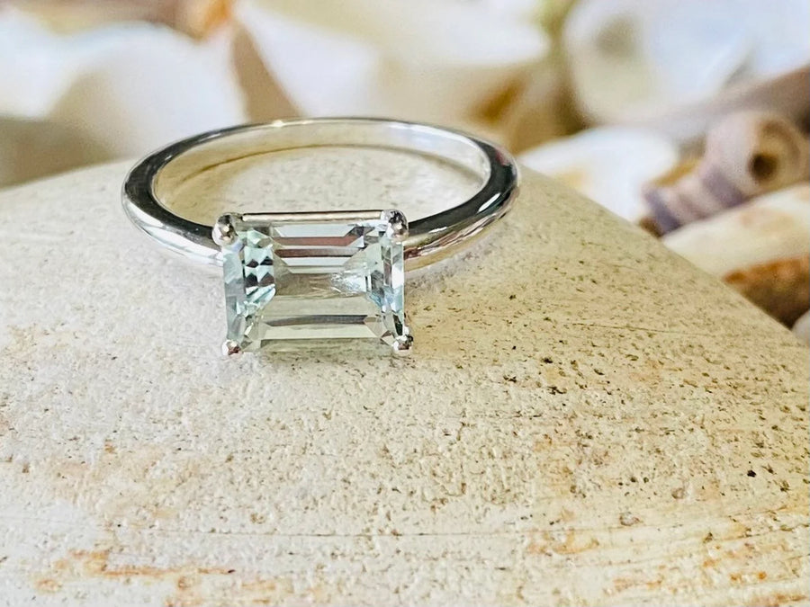 East West Emerald Cut Green Amethyst Prasiolite Solitaire Ring 2.00ct