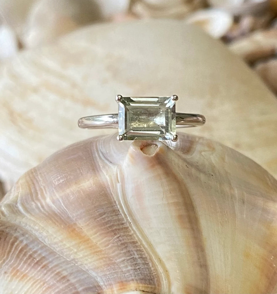 East West Emerald Cut Green Amethyst Prasiolite Solitaire Ring 2.00ct