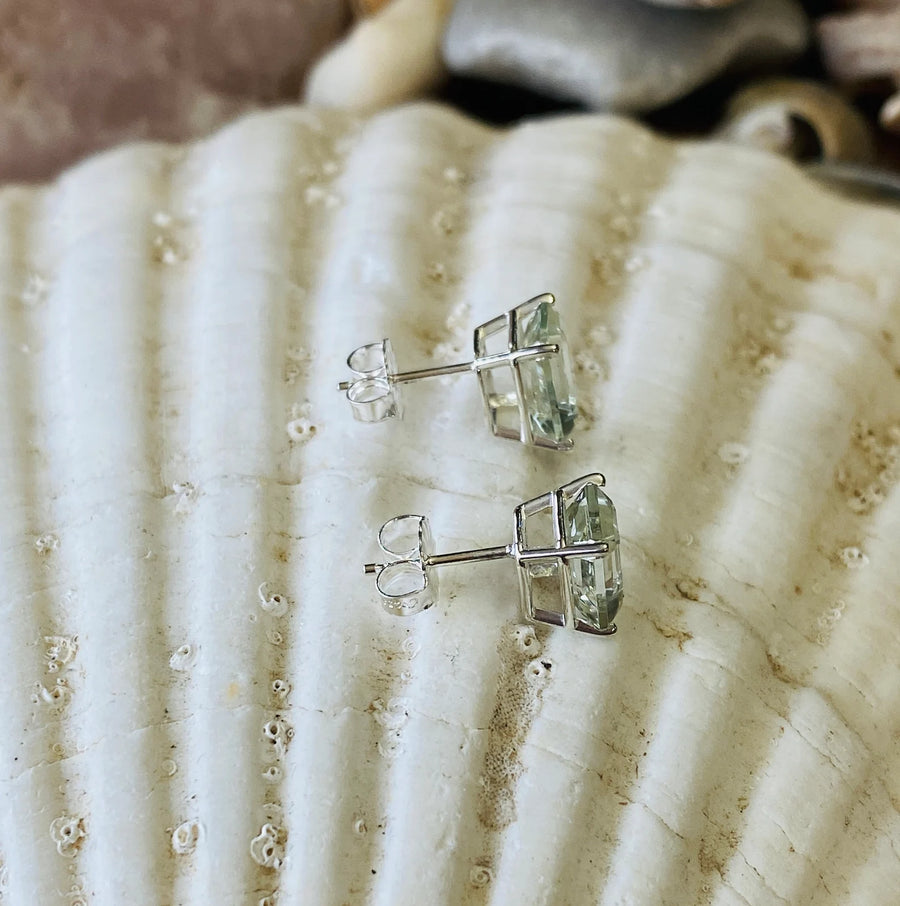 Emerald Cut Green Amethyst Prasiolite Stud Earrings