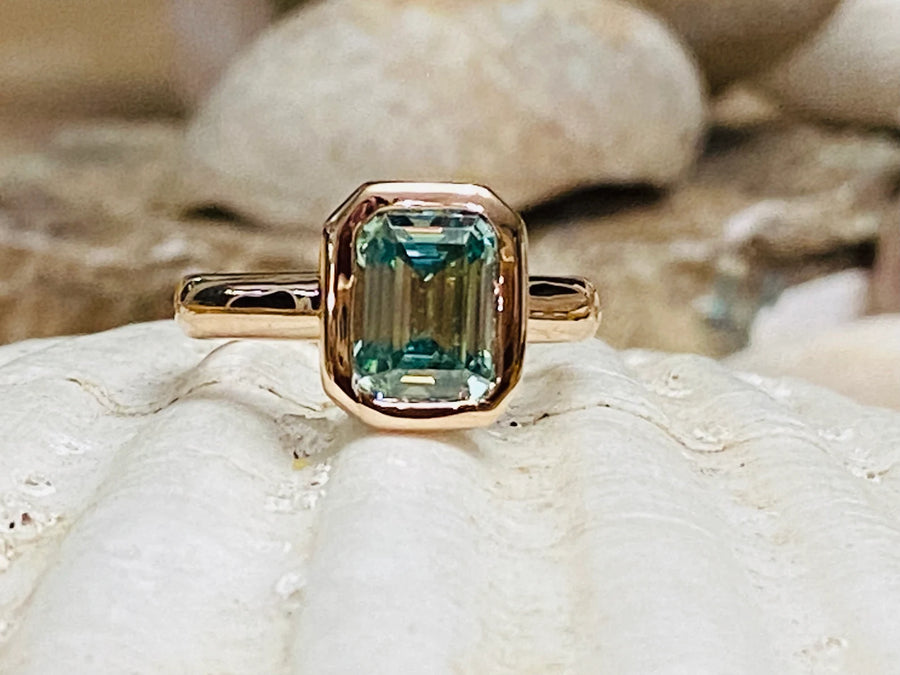 Blue Moissanite Emerald Cut Solitaire Ring 2.00ct Scott Bonomo Diamond Setting