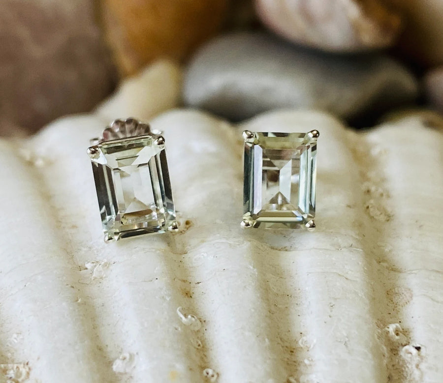 Emerald Cut Green Amethyst Prasiolite Stud Earrings