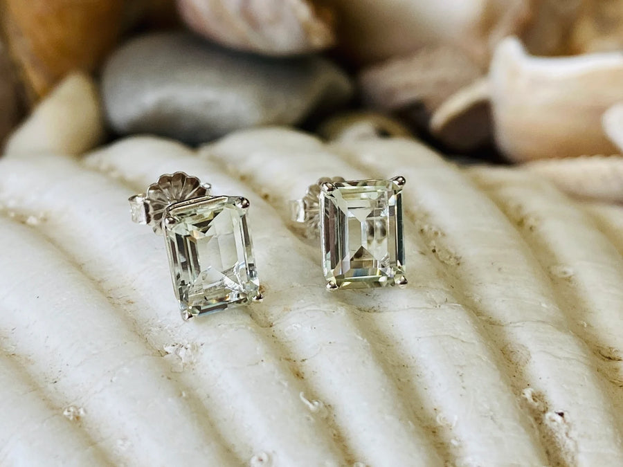 Emerald Cut Green Amethyst Prasiolite Stud Earrings