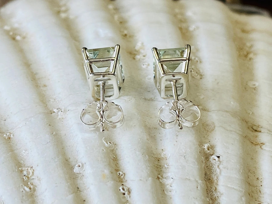 Emerald Cut Green Amethyst Prasiolite Stud Earrings