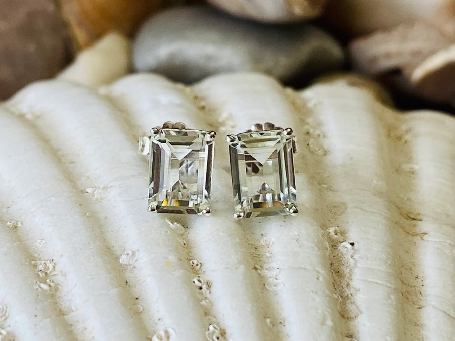 Emerald Cut Green Amethyst Prasiolite Stud Earrings