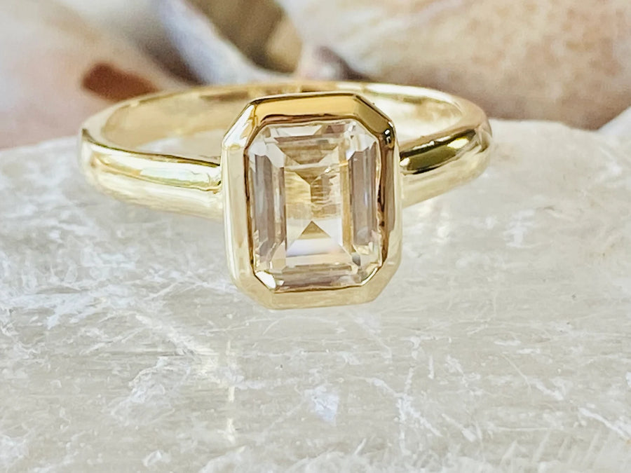 Emerald Cut White Sapphire Solitaire Bezel Ring