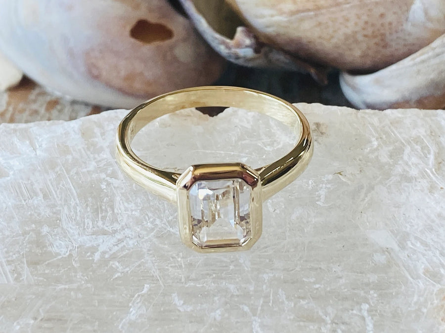 Emerald Cut White Sapphire Solitaire Bezel Ring