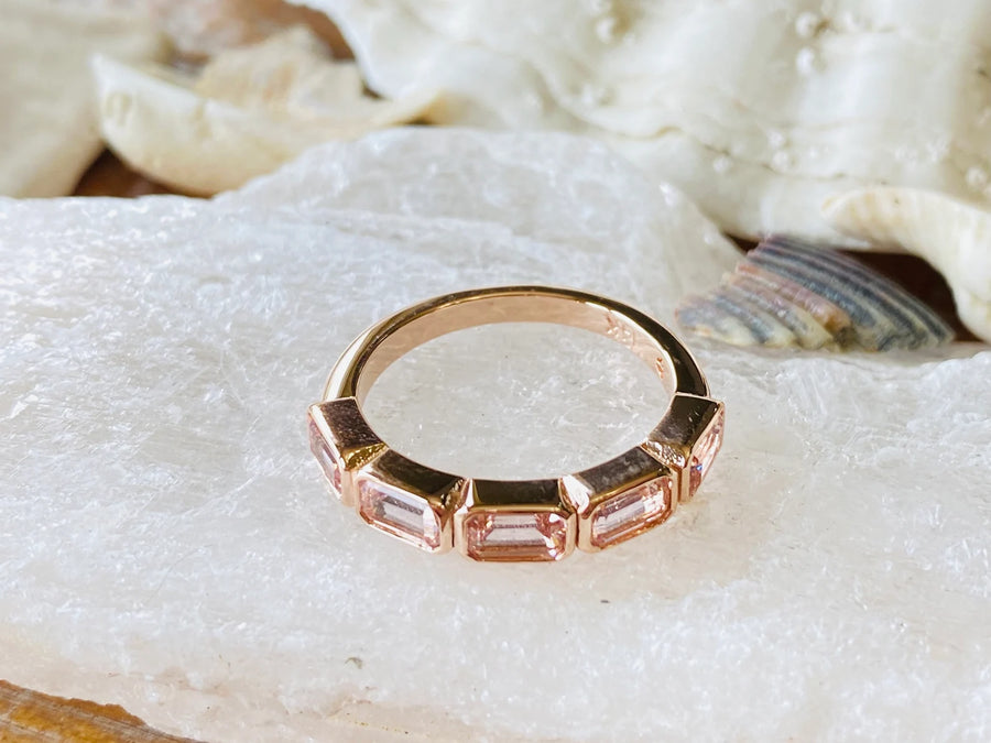 5 Stone Gold Bezel Gold Morganite Art Deco Ring