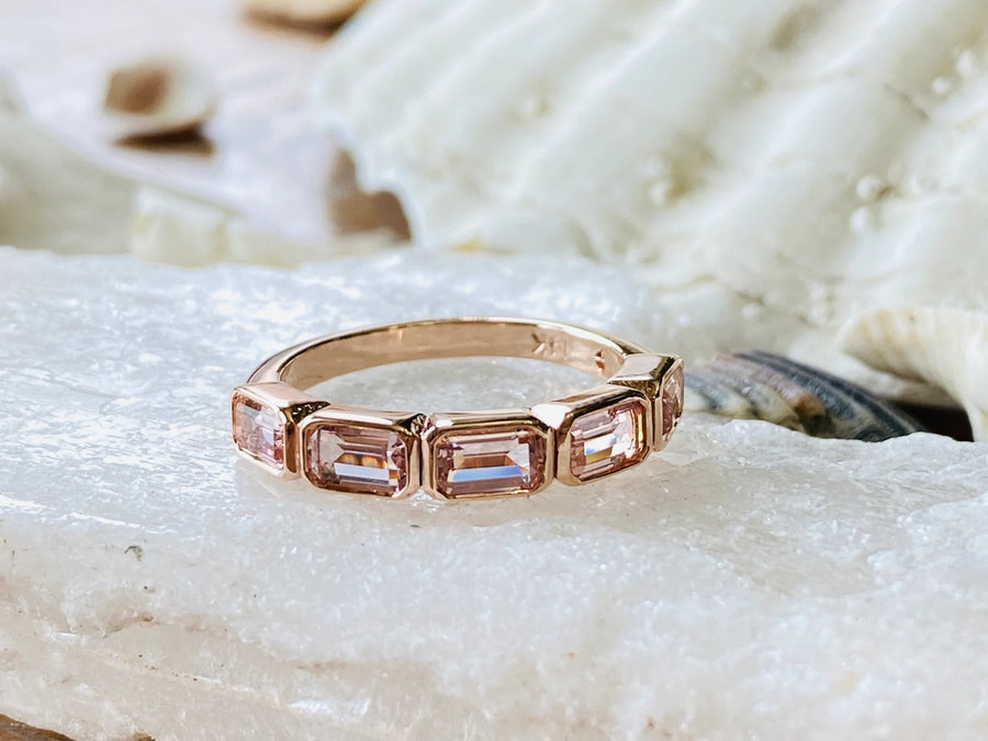 5 Stone Gold Bezel Gold Morganite Art Deco Ring