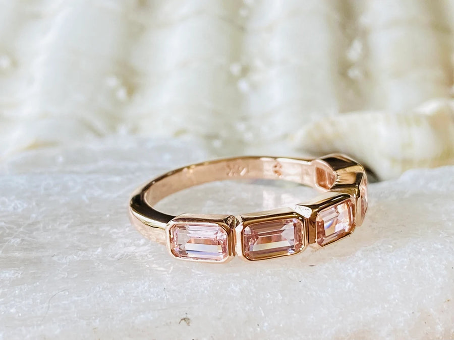 5 Stone Gold Bezel Gold Morganite Art Deco Ring