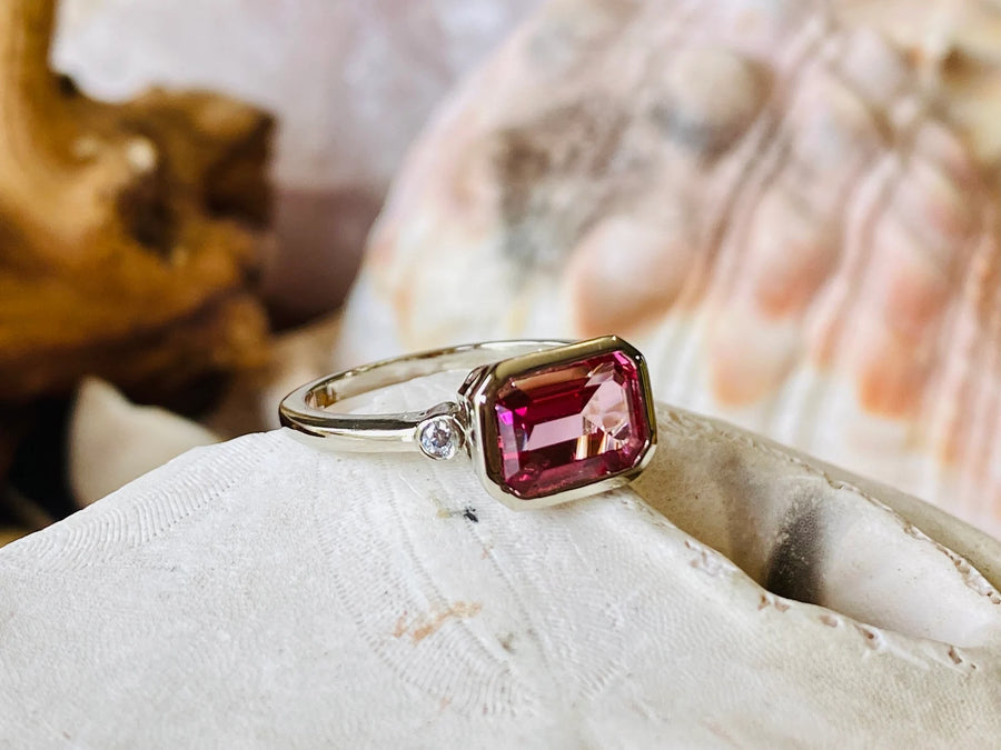 14k East West Emerald Cut Ring Pink Topaz Ring