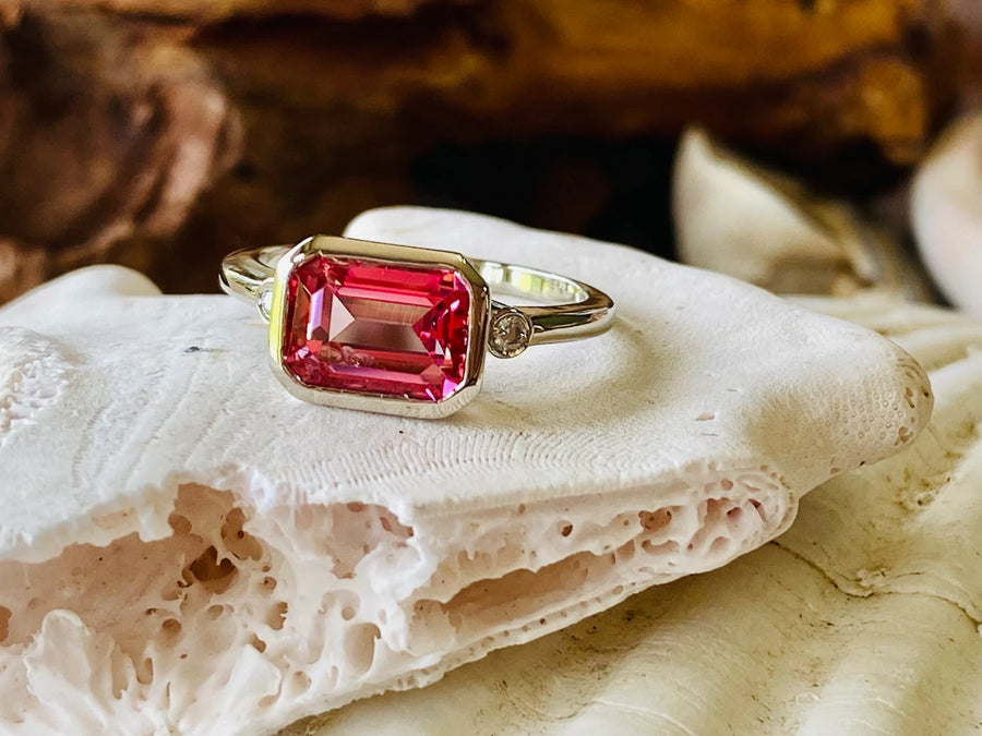 14k East West Emerald Cut Ring Pink Topaz Ring