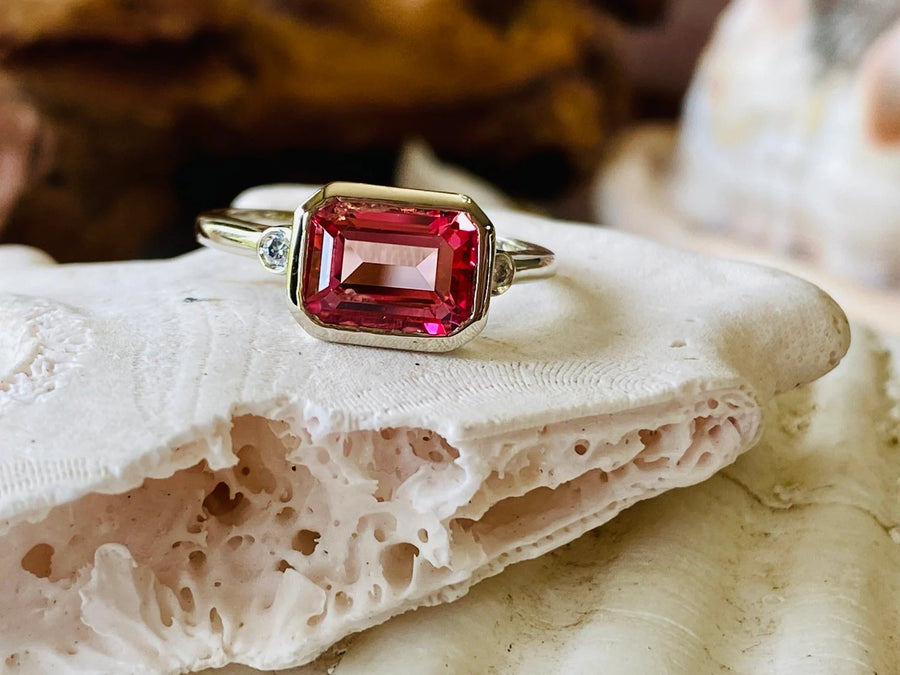 14k East West Emerald Cut Ring Pink Topaz Ring