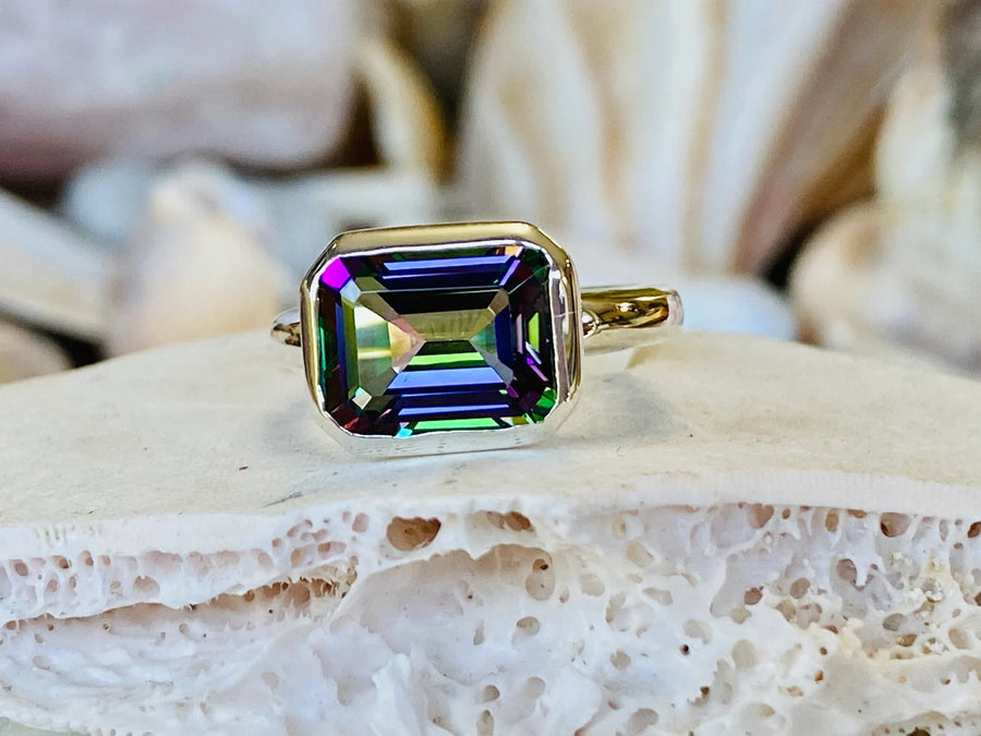 14k East West Emerald Cut Mystic Topaz Ring 3.00ct