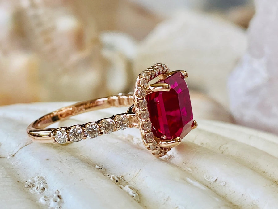 Asscher Cut Ruby & Moissanite Engagement Halo Setting Ring