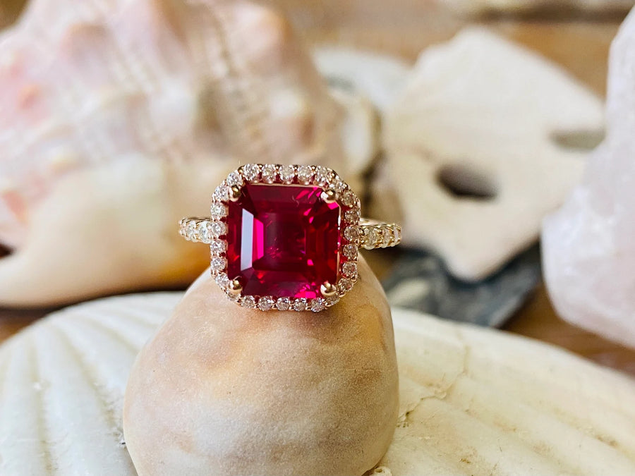 Asscher Cut Ruby & Moissanite Engagement Halo Setting Ring