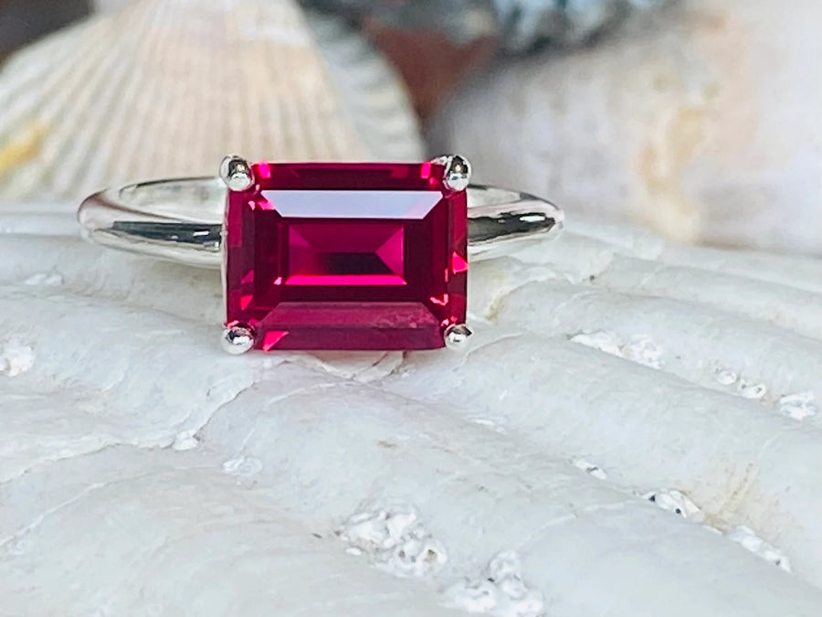 14k Gold Emerald Cut Ruby Solitaire / East West Setting Ring