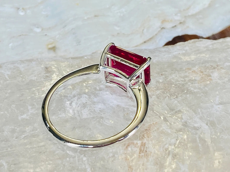 14k Gold Emerald Cut Ruby Solitaire / East West Setting Ring