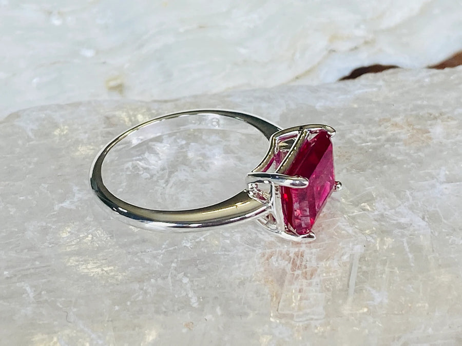 14k Gold Emerald Cut Ruby Solitaire / East West Setting Ring