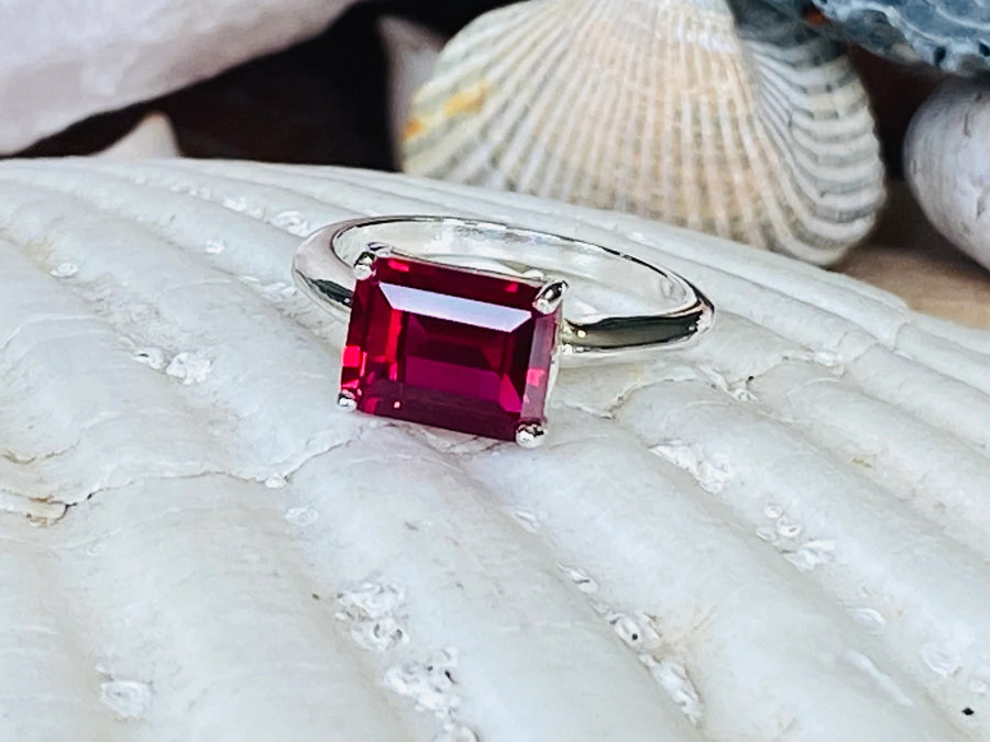 14k Gold Emerald Cut Ruby Solitaire / East West Setting Ring