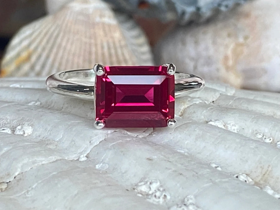 14k Gold Emerald Cut Ruby Solitaire / East West Setting Ring