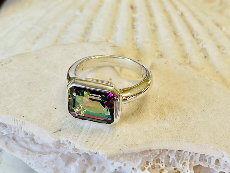 14k East West Emerald Cut Mystic Topaz Ring 3.00ct