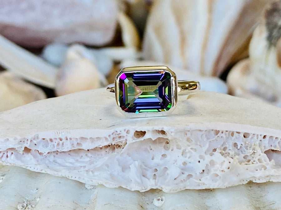 14k East West Emerald Cut Mystic Topaz Ring 3.00ct