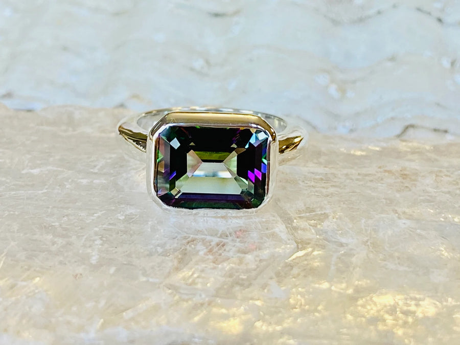 14k East West Emerald Cut Mystic Topaz Ring 3.00ct