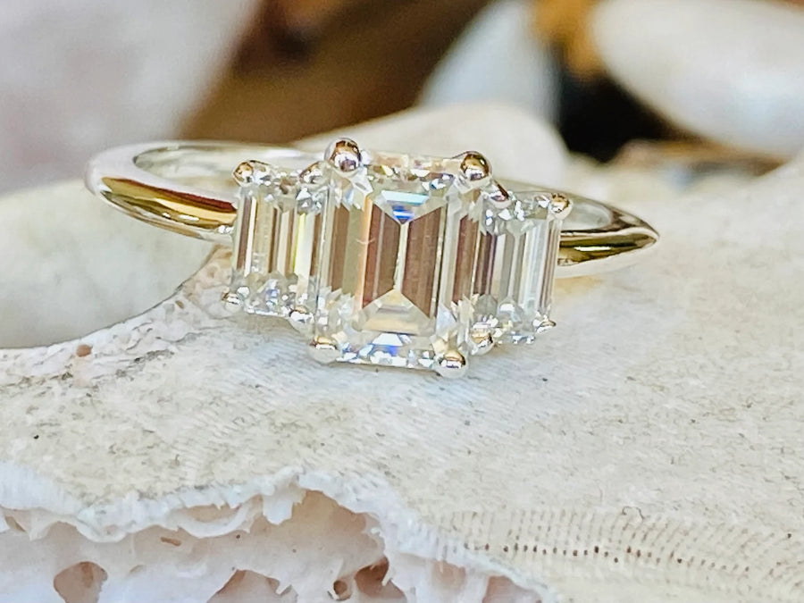 Moissanite Three Stone 1.00ct Emerald Cut Engagement Ring