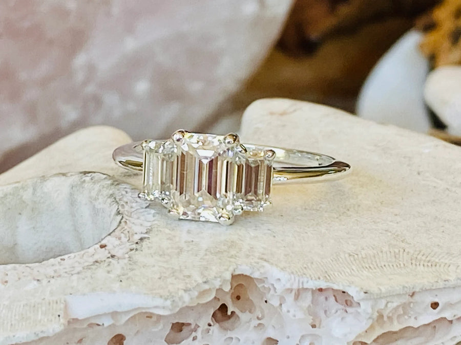 Moissanite Three Stone 1.00ct Emerald Cut Engagement Ring