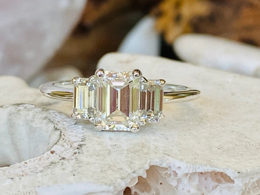 Moissanite Three Stone 1.00ct Emerald Cut Engagement Ring