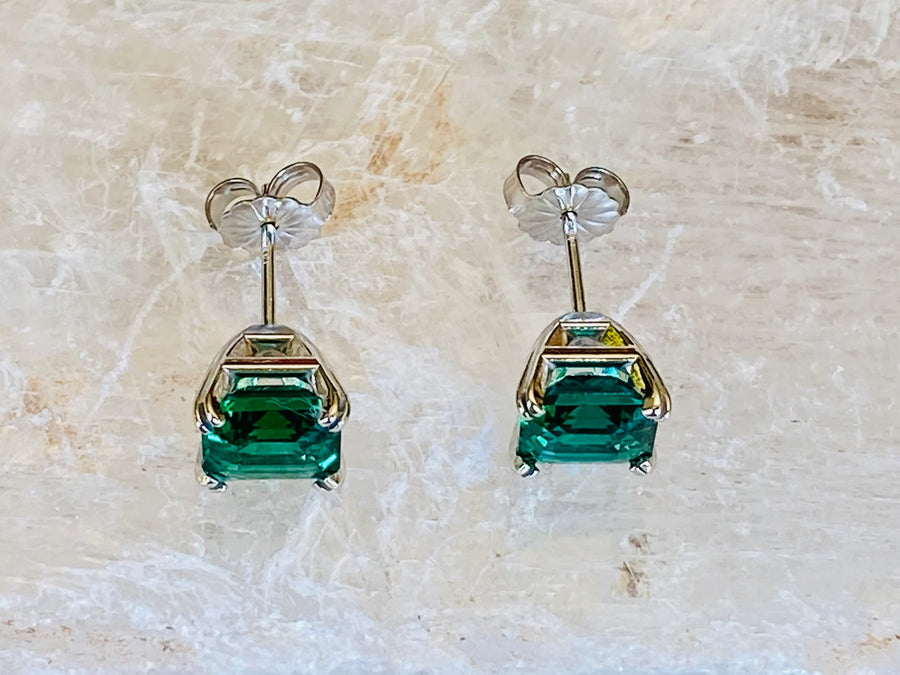 14k Asscher Cut Emerald Stud Earrings