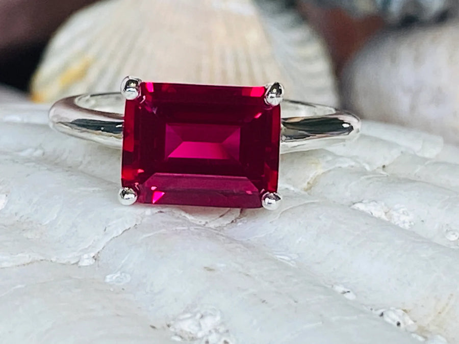 14k Gold Emerald Cut Ruby Solitaire / East West Setting Ring