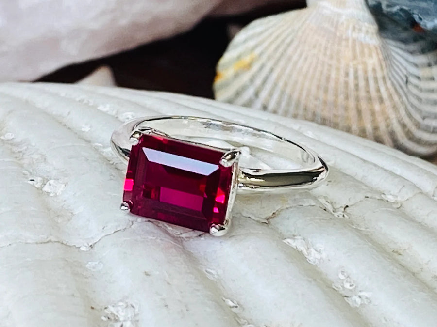 14k Gold Emerald Cut Ruby Solitaire / East West Setting Ring