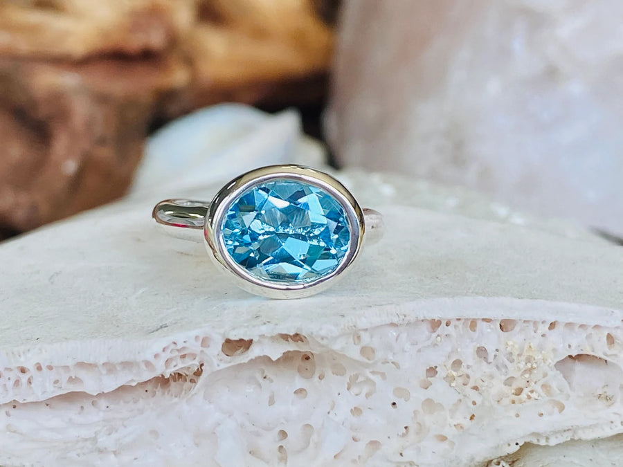 14k East West Oval Cut Bezel Setting Blue Topaz Ring 2.00ct