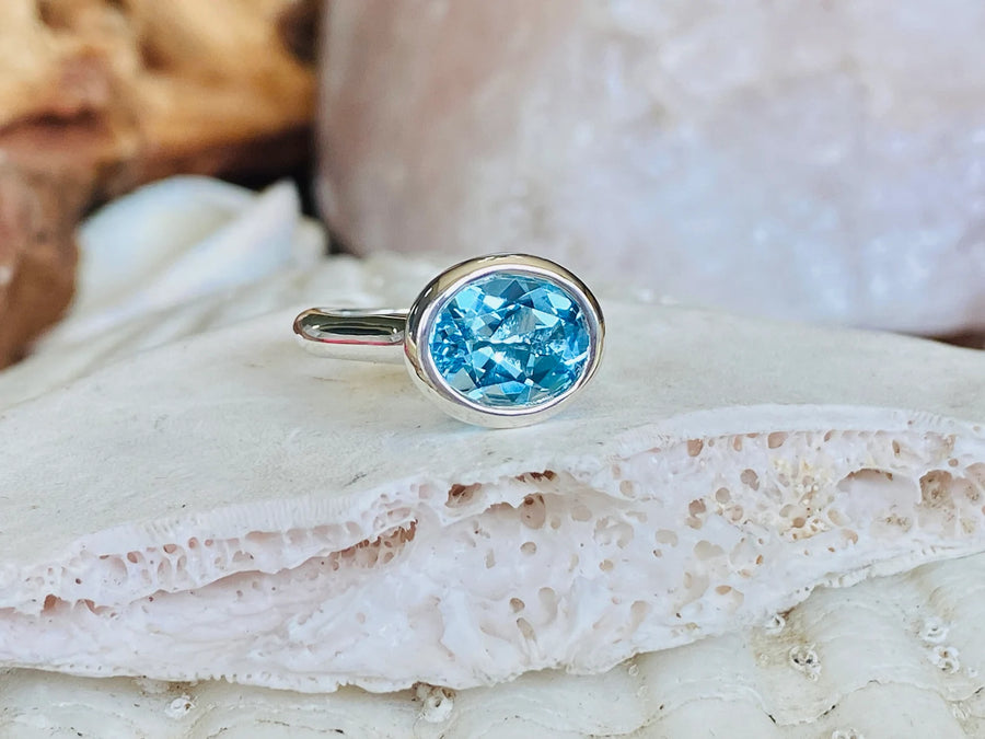 14k East West Oval Cut Bezel Setting Blue Topaz Ring 2.00ct