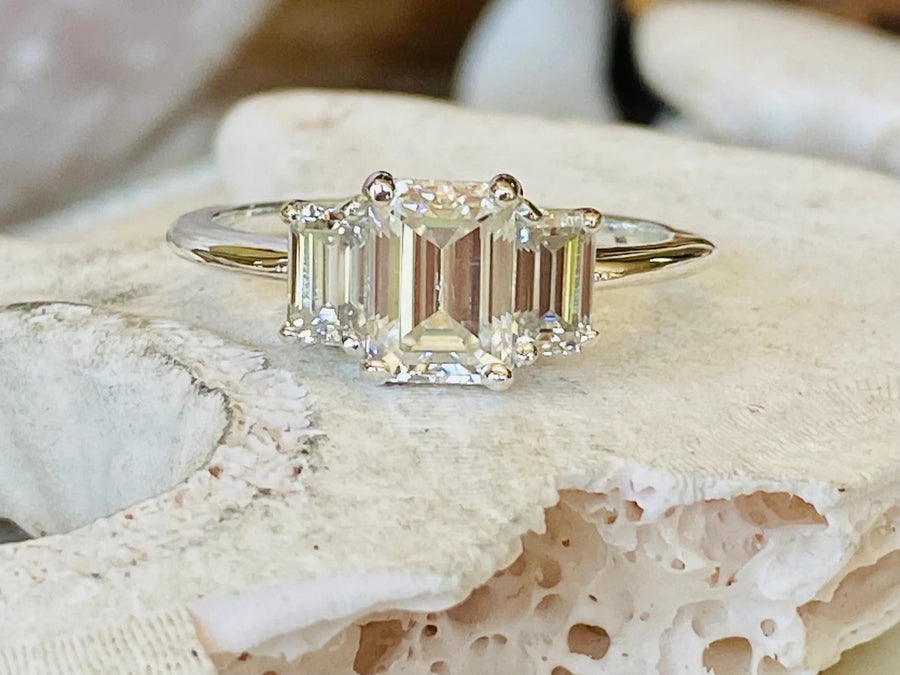 Moissanite Three Stone 1.00ct Emerald Cut Engagement Ring