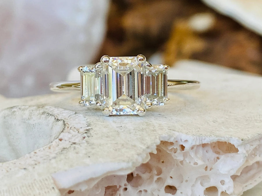 Moissanite Three Stone 1.00ct Emerald Cut Engagement Ring