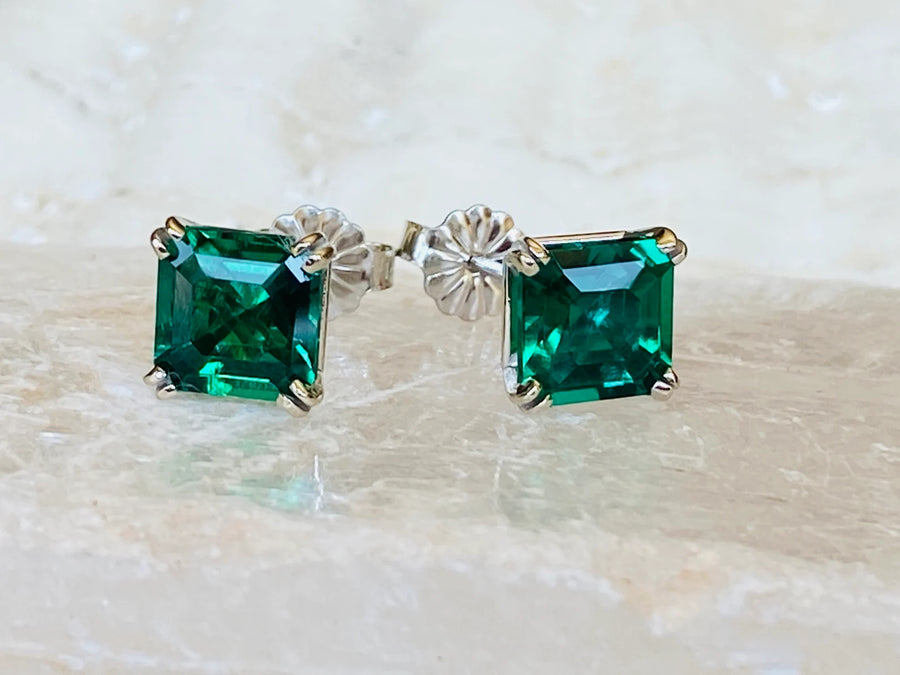 14k Asscher Cut Emerald Stud Earrings