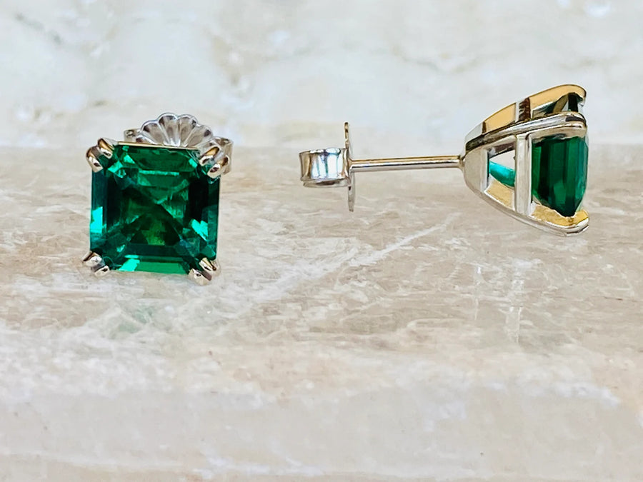 14k Asscher Cut Emerald Stud Earrings