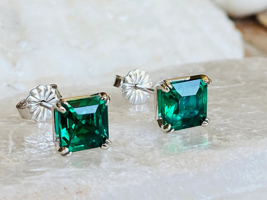 14k Asscher Cut Emerald Stud Earrings