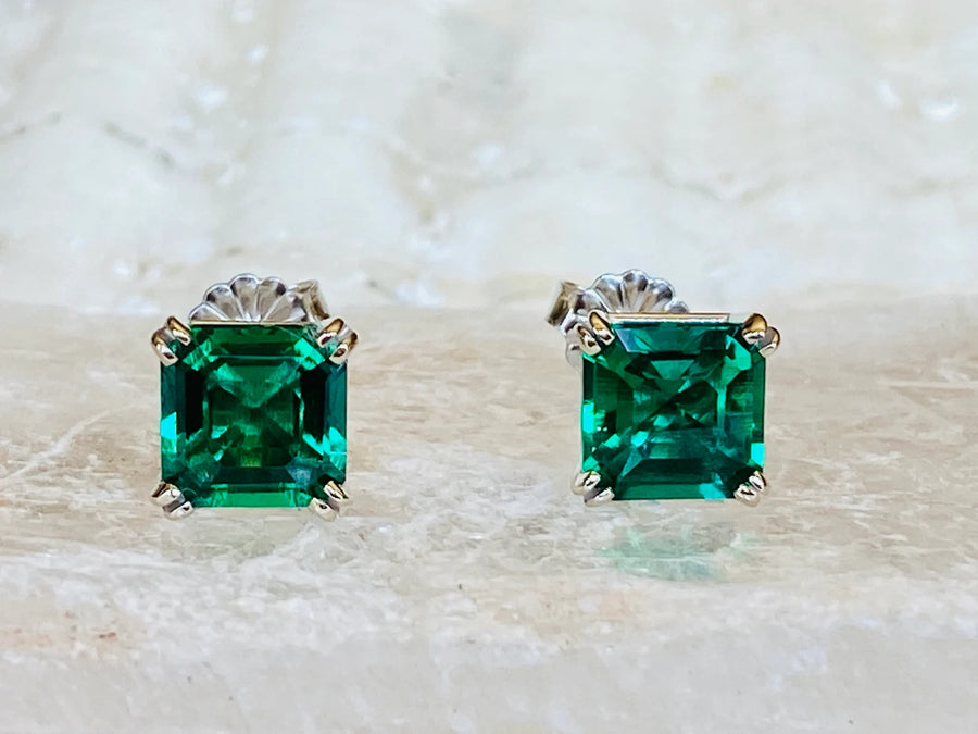 14k Asscher Cut Emerald Stud Earrings