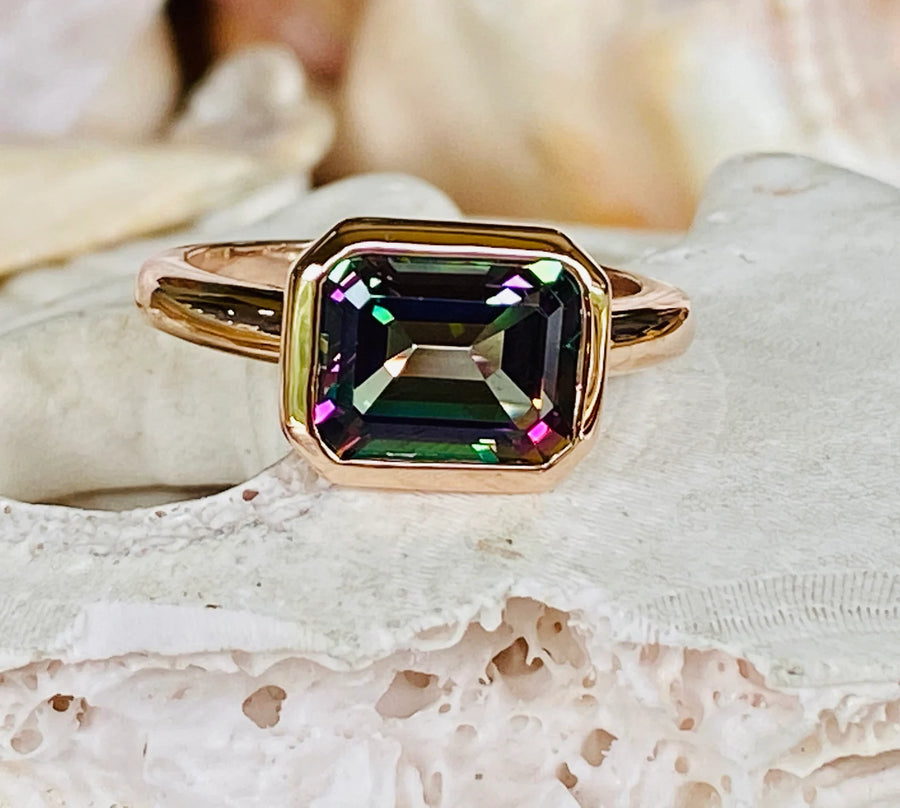 14k East West Emerald Cut Mystic Topaz Ring 3.00ct