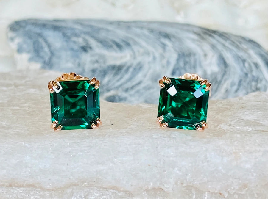 14k Asscher Cut Emerald Stud Earrings