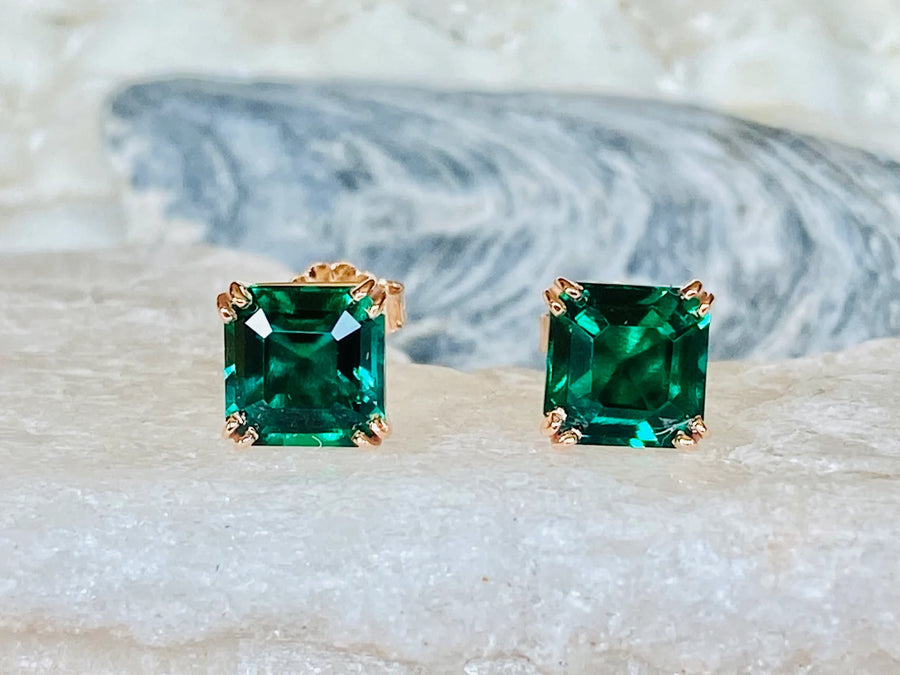 14k Asscher Cut Emerald Stud Earrings