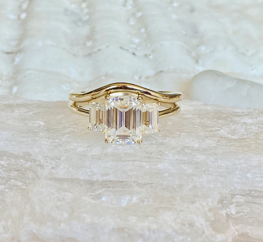 Moissanite Three Stone 1.00ct Emerald Cut Engagement Ring