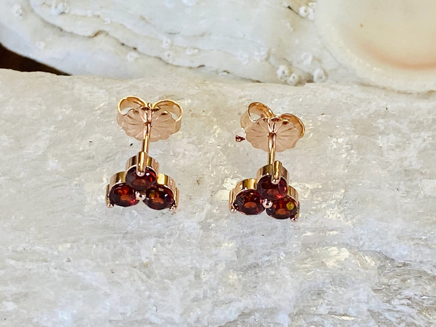 14k Garnet Three Stone Small Stud Earrings