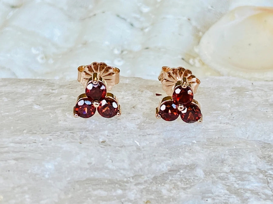 14k Garnet Three Stone Small Stud Earrings