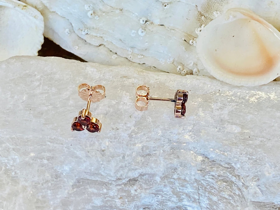 14k Garnet Three Stone Small Stud Earrings